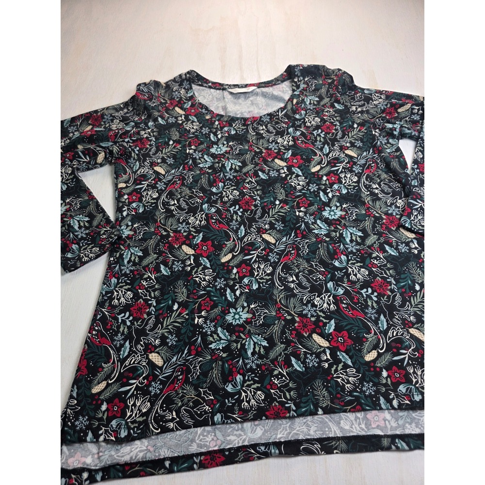 Christopher & Banks Petite Winter Cardinal Floral Top Long Sleeve Holiday